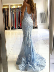Chic Mermaid Spaghetti Straps Lace Long Prom Dresses Sky Blue Evening Dress CBD032