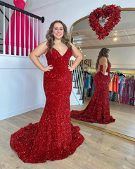 Chic Mermaid Spaghetti Straps Sequins Long Prom Dress Red Elegant Evening Dress #JKSS619|Selinadress