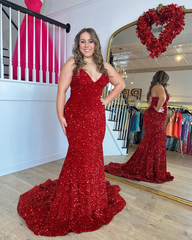 Chic Mermaid Spaghetti Straps Sequins Long Prom Dress Red Elegant Evening Dress #JKSS619|Selinadress