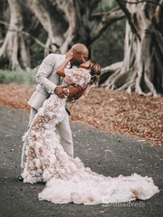 Chic Mermaid Scoop Short Sleeve 3D Floral Lace Rustic Wedding Dress HKL0144|Selinadress