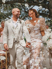 Chic Mermaid Scoop Short Sleeve 3D Floral Lace Rustic Wedding Dress HKL0144|Selinadress