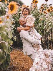 Chic Mermaid Scoop Short Sleeve 3D Floral Lace Rustic Wedding Dress HKL0144|Selinadress