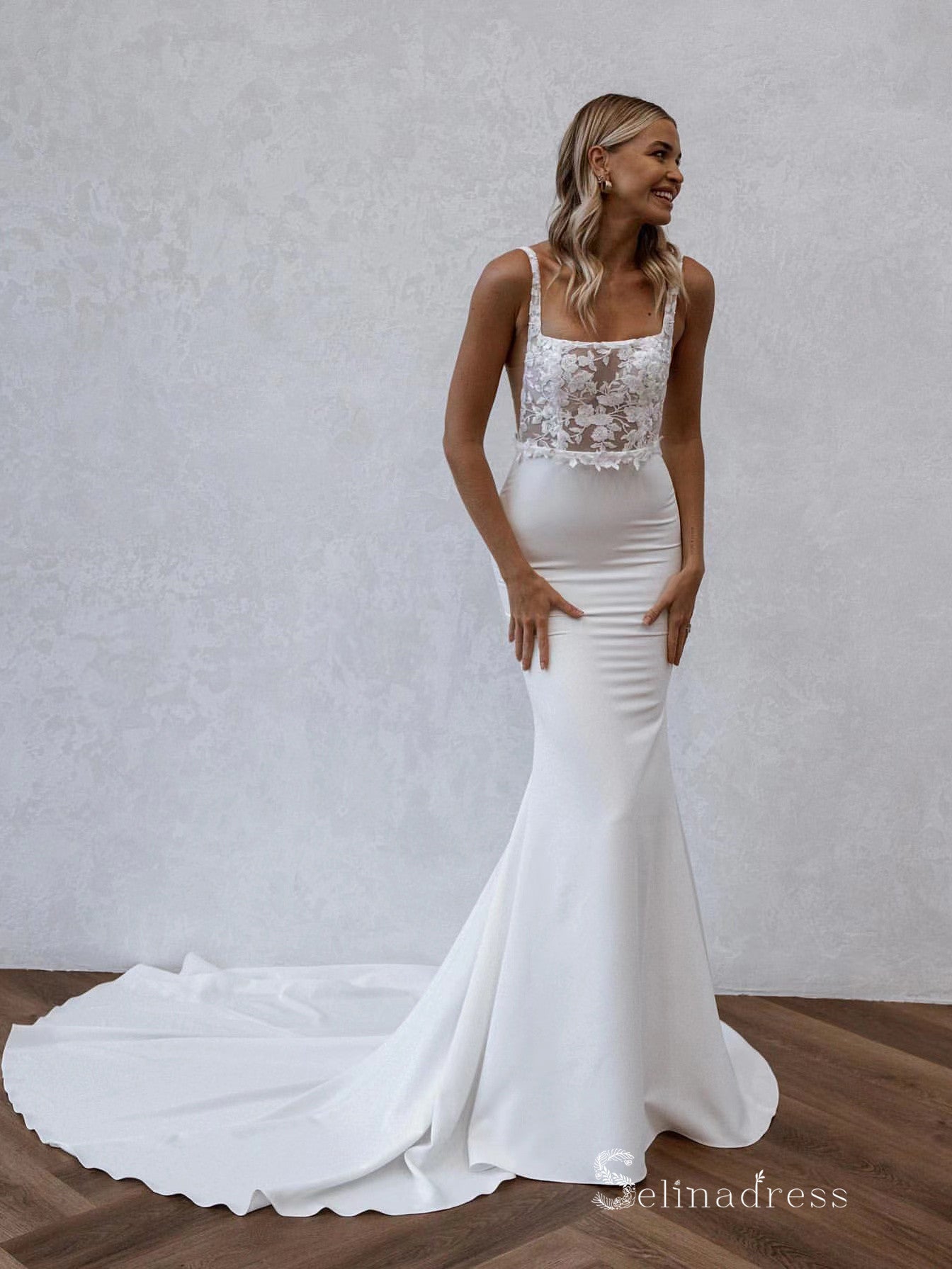 Chic Mermaid Square Embroidery Lace Rustic Wedding Dress Bridal Gowns HKL0138|Selinadress