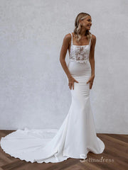 Chic Mermaid Square Embroidery Lace Rustic Wedding Dress Bridal Gowns HKL0138|Selinadress