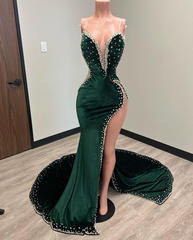Chic Mermaid Strapless Beaded Long Prom Dress Thigh Split Elegant Evening Party Dress #JKSS617|Selinadress