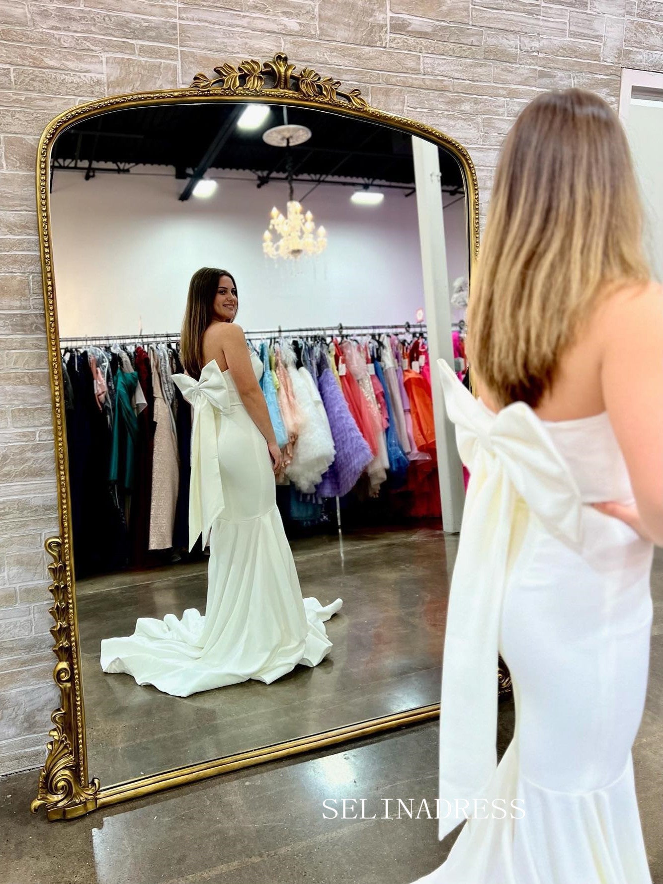 Chic Mermaid Sweetheart White Long Prom Dress Back Bow Elegant Evening Dress #OPW001|Selinadress