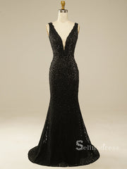 Chic Mermaid V neck Lace Long Prom Dresses Black Evening Dress MLK0493|Selinadress