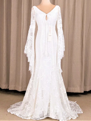 Chic Mermaid V neck Long Sleeve Boho Wedding Dress Bohemian Bridal Gowns MLH0483|Selinadress