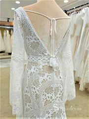 Chic Mermaid V neck Long Sleeve Boho Wedding Dress Bohemian Bridal Gowns MLH0483|Selinadress