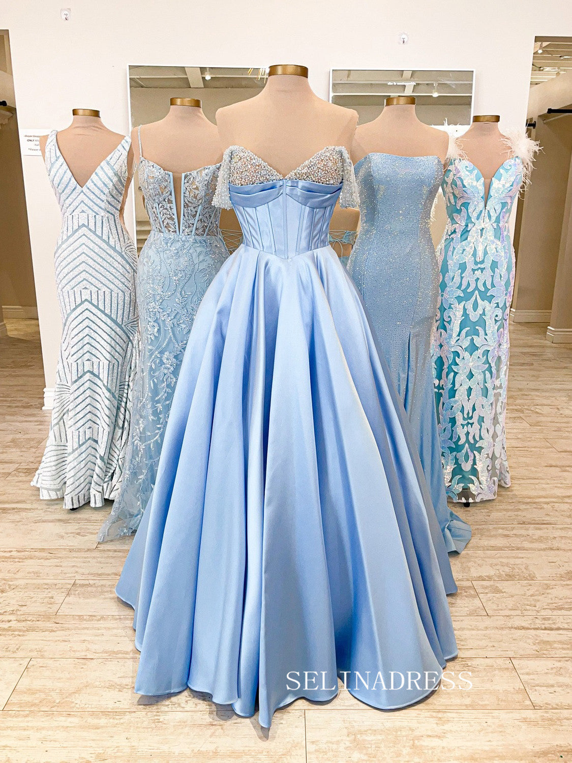 Chic Off-the-shoulder Beaded A-line Long Prom Dresses V neck Light Sky Blue Elegant Evening Dresses jkw238|Selinadress