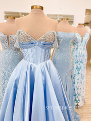 Chic Off-the-shoulder Beaded A-line Long Prom Dresses V neck Light Sky Blue Elegant Evening Dresses jkw238|Selinadress