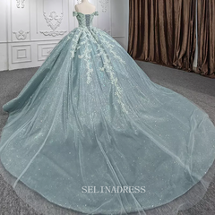 Chic Off The Shoulder Embroidery Applique Ball Gown Evening Dress For Women DY9953|Selinadress