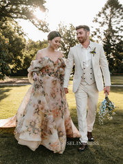 Chic Off-the-shoulder Sweetheart Rustic Floral Wedding Dresses For Bridal JKP013|Selinadress