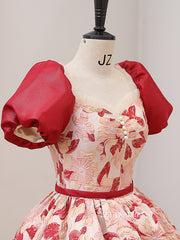 Chic Puff Sleeve Red Prom Dress With Flower Princess Dress Evening Dress #QWE050|Selinadress
