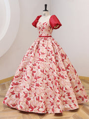 Chic Puff Sleeve Red Prom Dress With Flower Princess Dress Evening Dress #QWE050|Selinadress