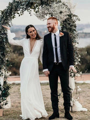 Chic Sheath/Column Deep V neck Long Sleeve Wedding Gowns Rustic Wedding Dresses MLH0498|Selinadress