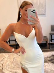 Chic Sheath/Column Strapless White Prom Dresses Simple Long Evening Dress Formal Dresses TKL078|Selinadress