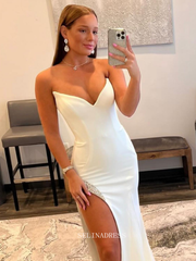 Chic Sheath/Column Strapless White Prom Dresses Simple Long Evening Dress Formal Dresses TKL078|Selinadress