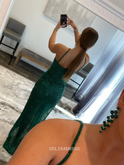 Chic Sheath/Column Straps Green Long Prom Dresses Sequins Evening Dress Formal Dresses TKL076|Selinadress