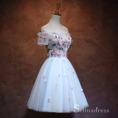 Chic Sky Blue Short Prom Dress Off-the-shoulder Homecoming Dress With Flower |Selinadress