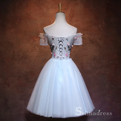 Chic Sky Blue Short Prom Dress Off-the-shoulder Homecoming Dress With Flower |Selinadress