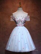 Chic Sky Blue Short Prom Dress Off-the-shoulder Homecoming Dress With Flower |Selinadress