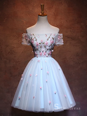 Chic Sky Blue Short Prom Dress Off-the-shoulder Homecoming Dress With Flower |Selinadress