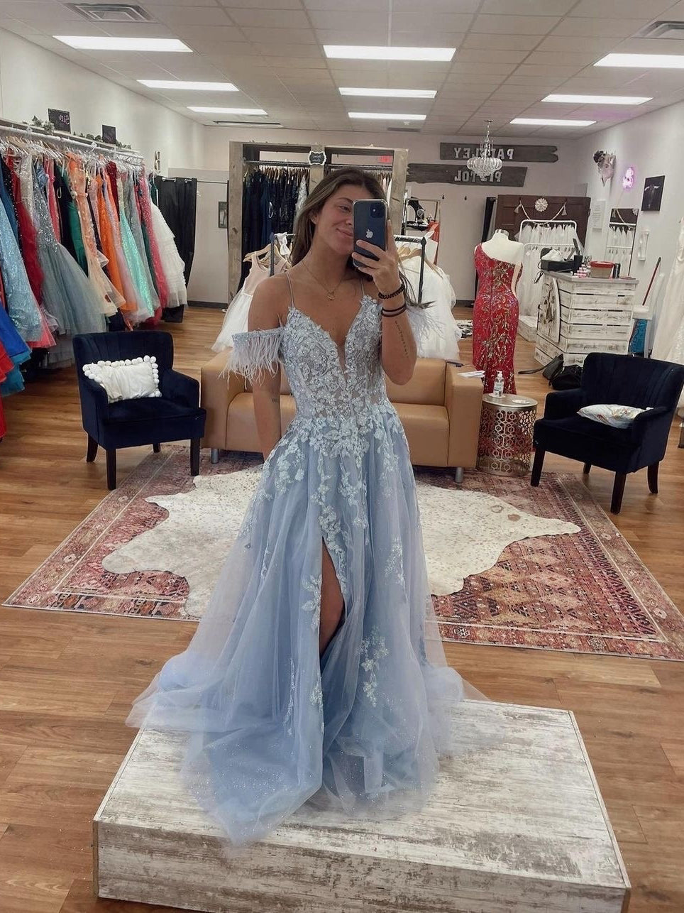 Chic Spaghetti Straps Lace Beaded Long Prom Dress Feather Blue Elegant Evening Dress #JKSS61|Selinadress