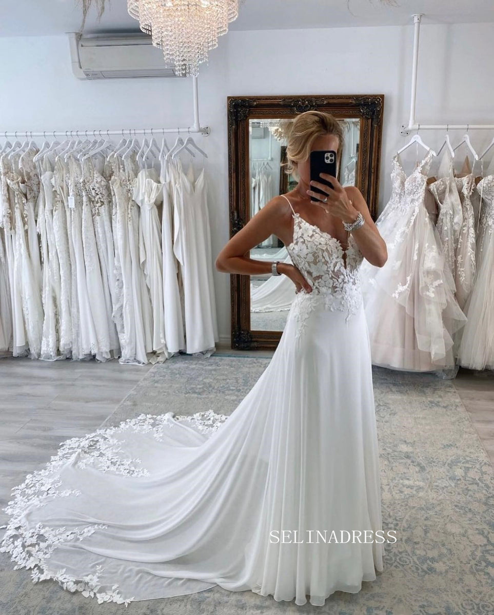 Chic Spaghetti Straps Romantic Wedding Dresses Open Back Chiffon Bidal –  SELINADRESS