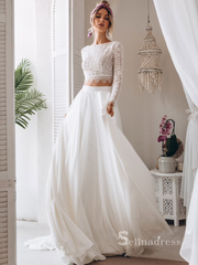 Chic Two Pieces Bateau Long Sleeve Boho Wedding Dress Lace Bridal Gowns MLH0490|Selinadress