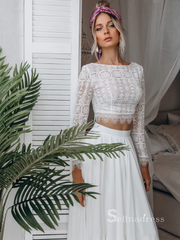 Chic Two Pieces Bateau Long Sleeve Boho Wedding Dress Lace Bridal Gowns MLH0490|Selinadress