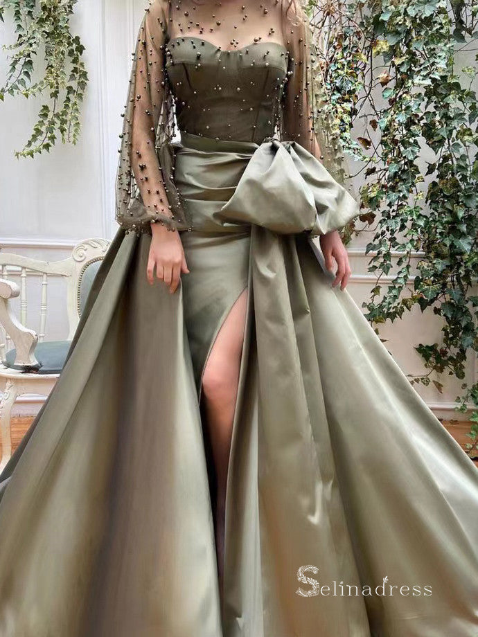 Chic Unique Bateau Long Sleeve Prom Dresses Beaded Satin Evening Dress –  SELINADRESS