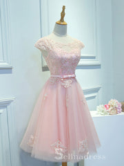 Cute Scoop Neck Short Ptom Dress With Cap Sleeve Blushing Pink Homecoming Dresses MHL039