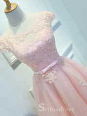 Cute Scoop Neck Short Ptom Dress With Cap Sleeve Blushing Pink Homecoming Dresses MHL039