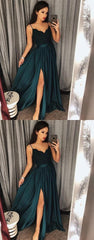 Dark Green Spaghetti Straps Chic Lace A line Prom Dresses Long Formal Dress Evening Gowns SE006