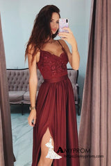 Dark Green Spaghetti Straps Chic Lace A line Prom Dresses Long Formal Dress Evening Gowns SE006
