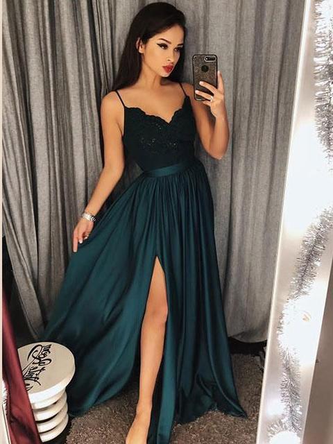 Dark Green Spaghetti Straps Chic Lace A line Prom Dresses Long Formal Dress Evening Gowns SE006