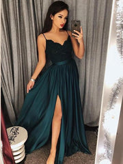 Dark Green Spaghetti Straps Chic Lace A line Prom Dresses Long Formal Dress Evening Gowns SE006