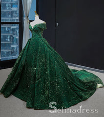 Dark Green Sparkly Prom Dresses Ball Gown Sequins Quinceanera Long Formal Evening Gowns SED067|Selinadress