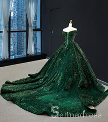 Dark Green Sparkly Prom Dresses Ball Gown Sequins Quinceanera Long Formal Evening Gowns SED067|Selinadress