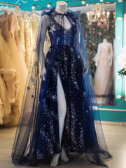 Dark Navy Deep V Neck Sparkly Unique Prom Dress Gorgeous Evening Gowns #QWE035