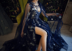 Dark Navy Deep V Neck Sparkly Unique Prom Dress Gorgeous Evening Gowns #QWE035