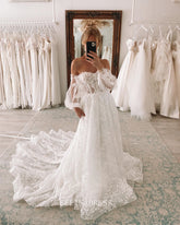 Detachable Puff Sleeve Sweetheart Wedding Dresses Cathedral Train A-line Rustic Wedding Dress KPY071|Selinadress