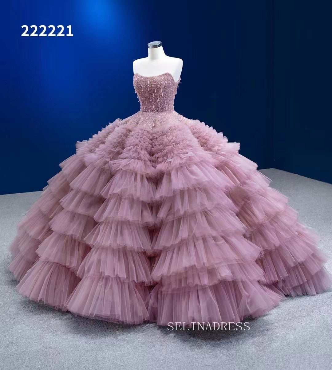 Elegant Beaded Ball Gowns Dusty Rose Layered Quinceanera Dresses Ruffle Wedding Dresses 222221|Selinadress