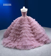 Elegant Beaded Ball Gowns Dusty Rose Layered Quinceanera Dresses Ruffle Wedding Dresses 222221|Selinadress