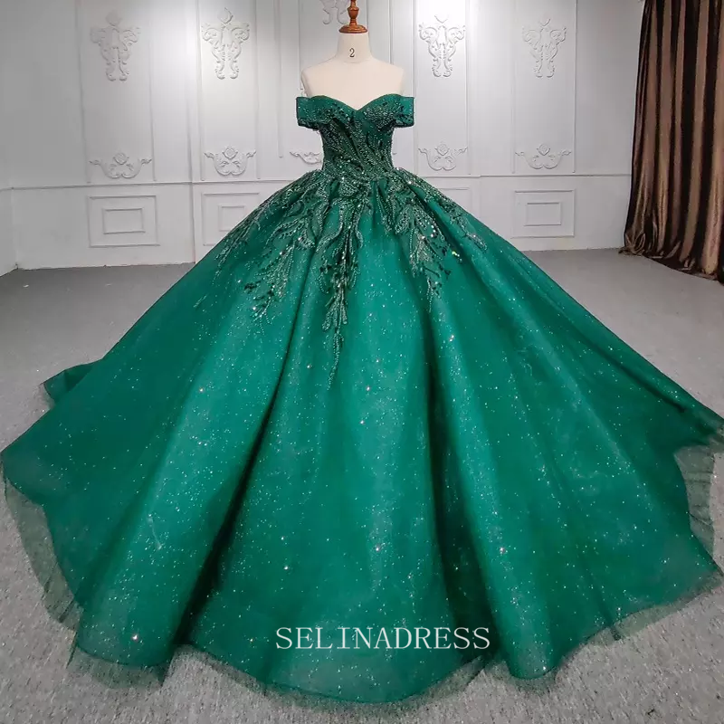 Elegant Off Shoulder Green Beaded Sequins Ball Gown Evening Dress For Women DY9957|Selinadress