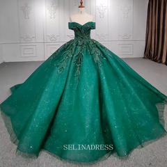Elegant Off Shoulder Green Beaded Sequins Ball Gown Evening Dress For Women DY9957|Selinadress