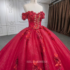 Elegant Off the Shoulder Beaded Ball Gown Red Evening Dress For Women DY9973|Selinadress