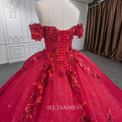 Elegant Off the Shoulder Beaded Ball Gown Red Evening Dress For Women DY9973|Selinadress