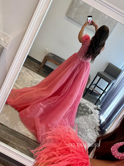 Elegant One Shoulder Prom Dress Pink Feather Formal Dress Pageant Dress #JKP001|Selinadress